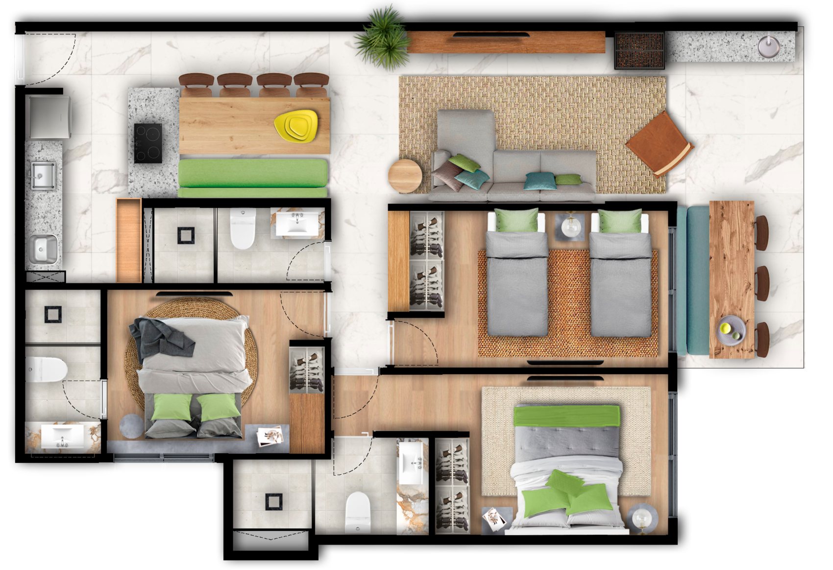 Planta do apartamento de 92 m\u00b2: duas su\u00edtes, um quarto, banheiro social, sala para dois ambientes e varanda gourmet.