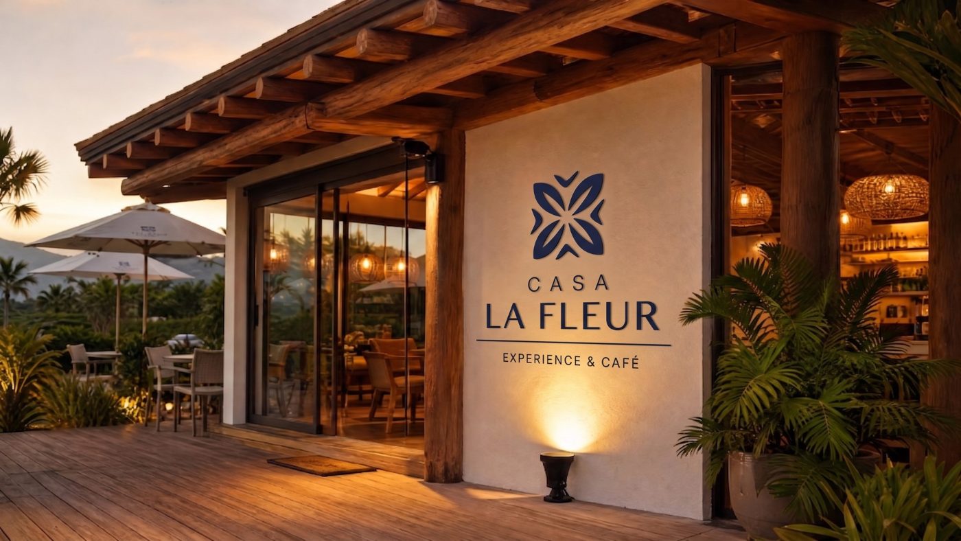 Fachada da Casa La Fleur Experience & Caf\u00e9 ao entardecer: deque de madeira, pergolado de troncos, pendentes de fibra acesos e o letreiro em azul sobre a parede clara.
