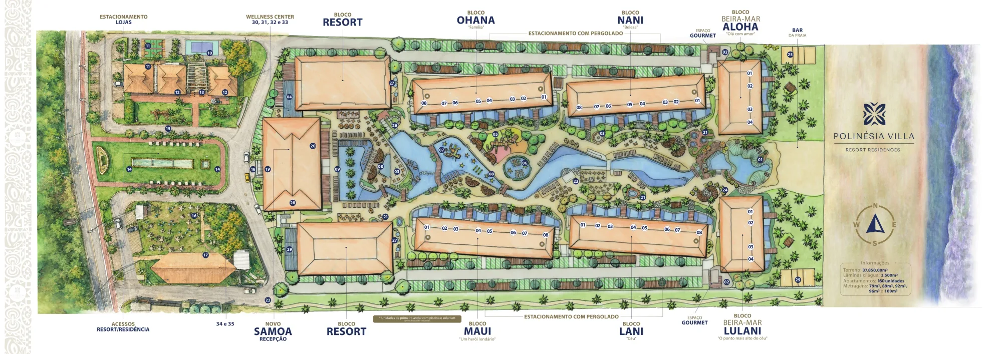Masterplan do Polin\u00e9sia Villa: blocos residenciais Ohana, Nani, Maui, Lani, Aloha e Lulani em torno do parque aqu\u00e1tico, blocos do resort, recep\u00e7\u00e3o Samoa, wellness center e a faixa de praia de Muro Alto.