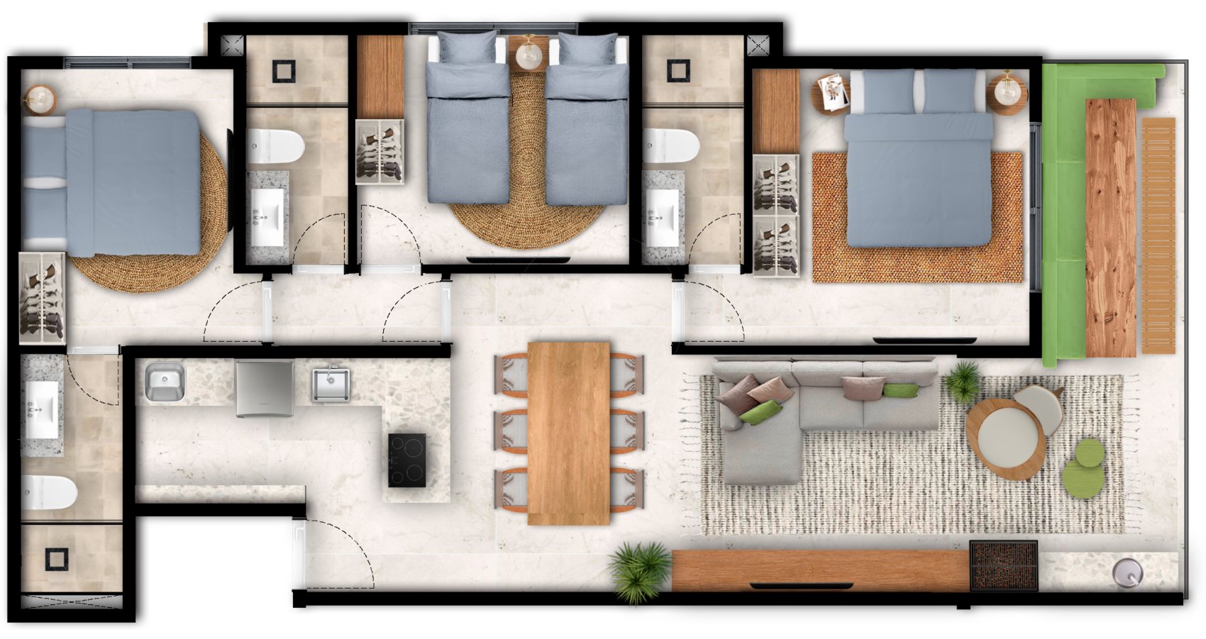 Planta do apartamento de 89 m\u00b2: duas su\u00edtes, um quarto, banheiro social, sala para dois ambientes e varanda gourmet.