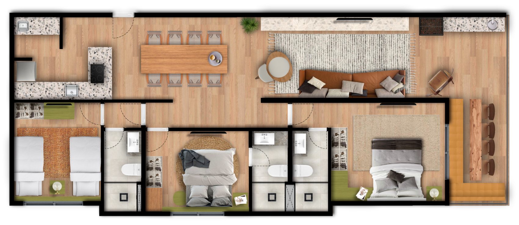 Planta do apartamento de 109 m\u00b2: duas su\u00edtes, um quarto, banheiro social, sala ampla para dois ambientes e varanda gourmet.